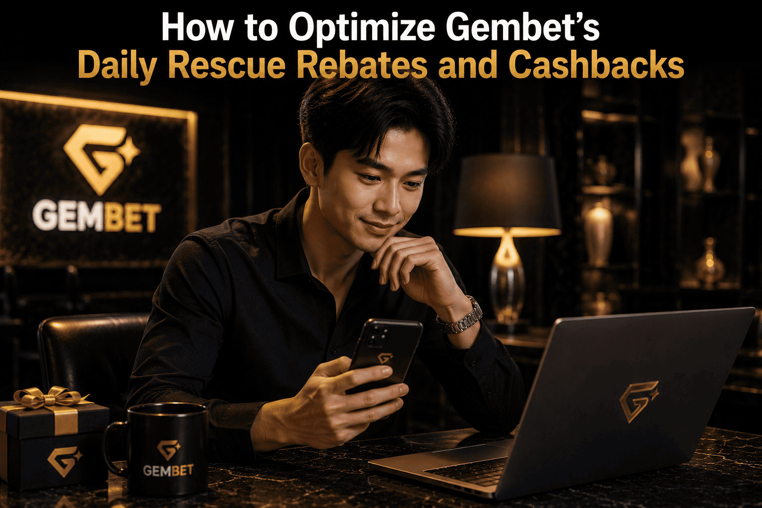 Casino player checking rescue rebate cashback rewards on Gembet inside a luxury sportsbook environment