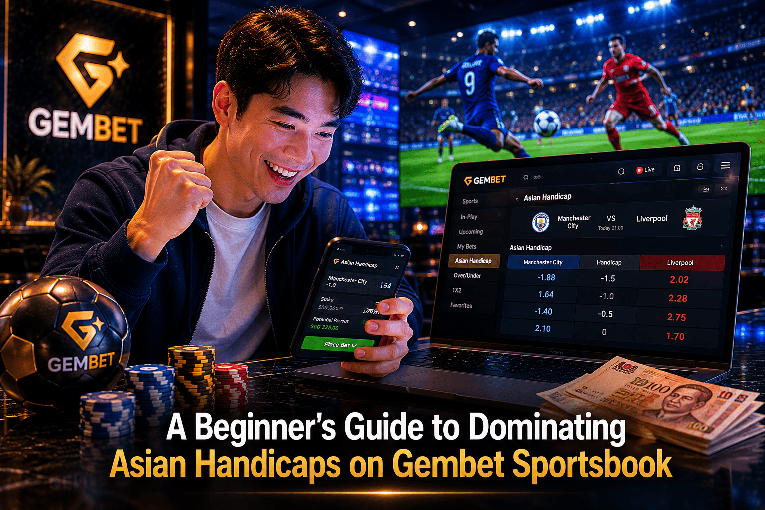 Football bettor analyzing Asian Handicap odds on Gembet sportsbook