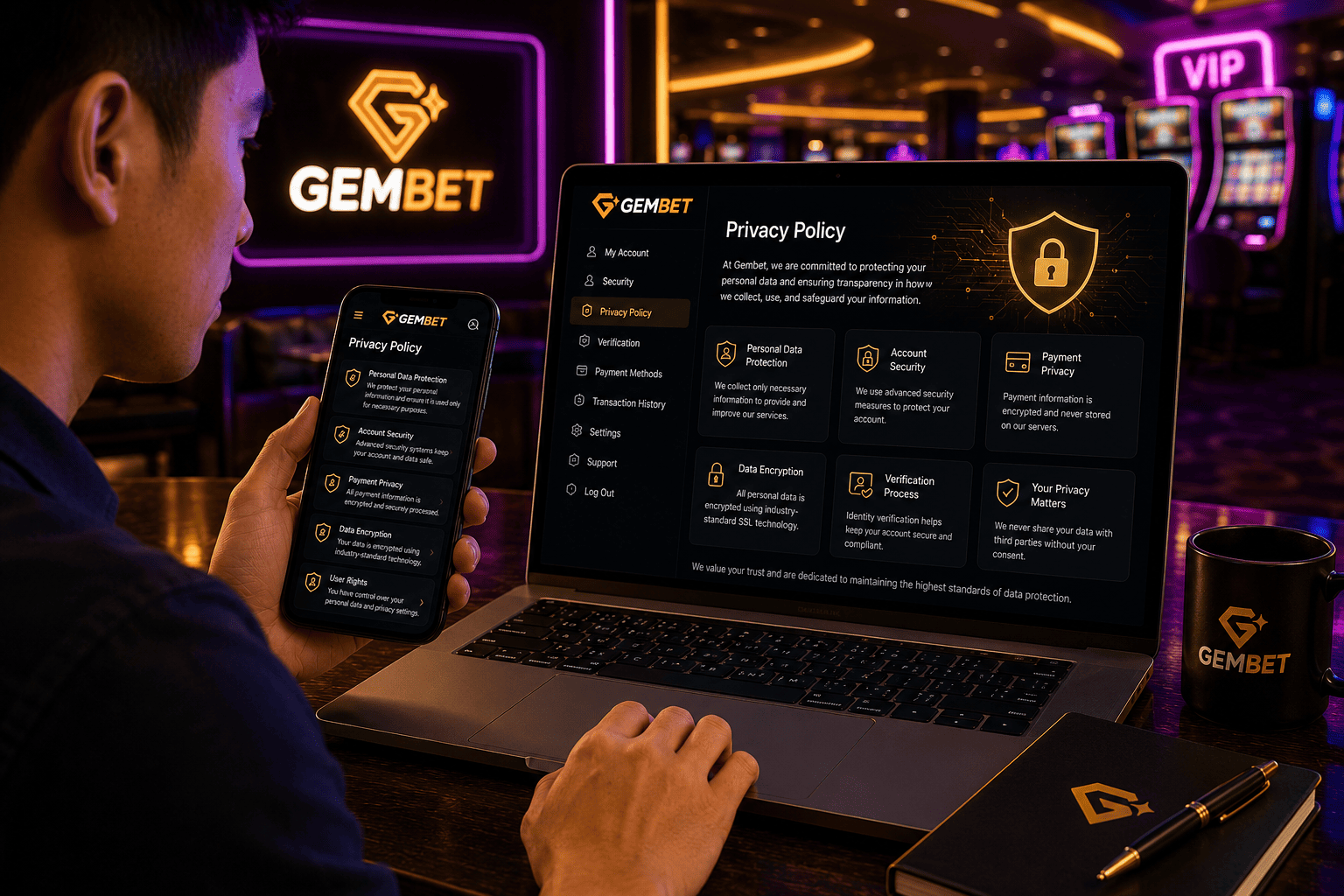 Gembet privacy policy explaining personal data and account security for Singapore users