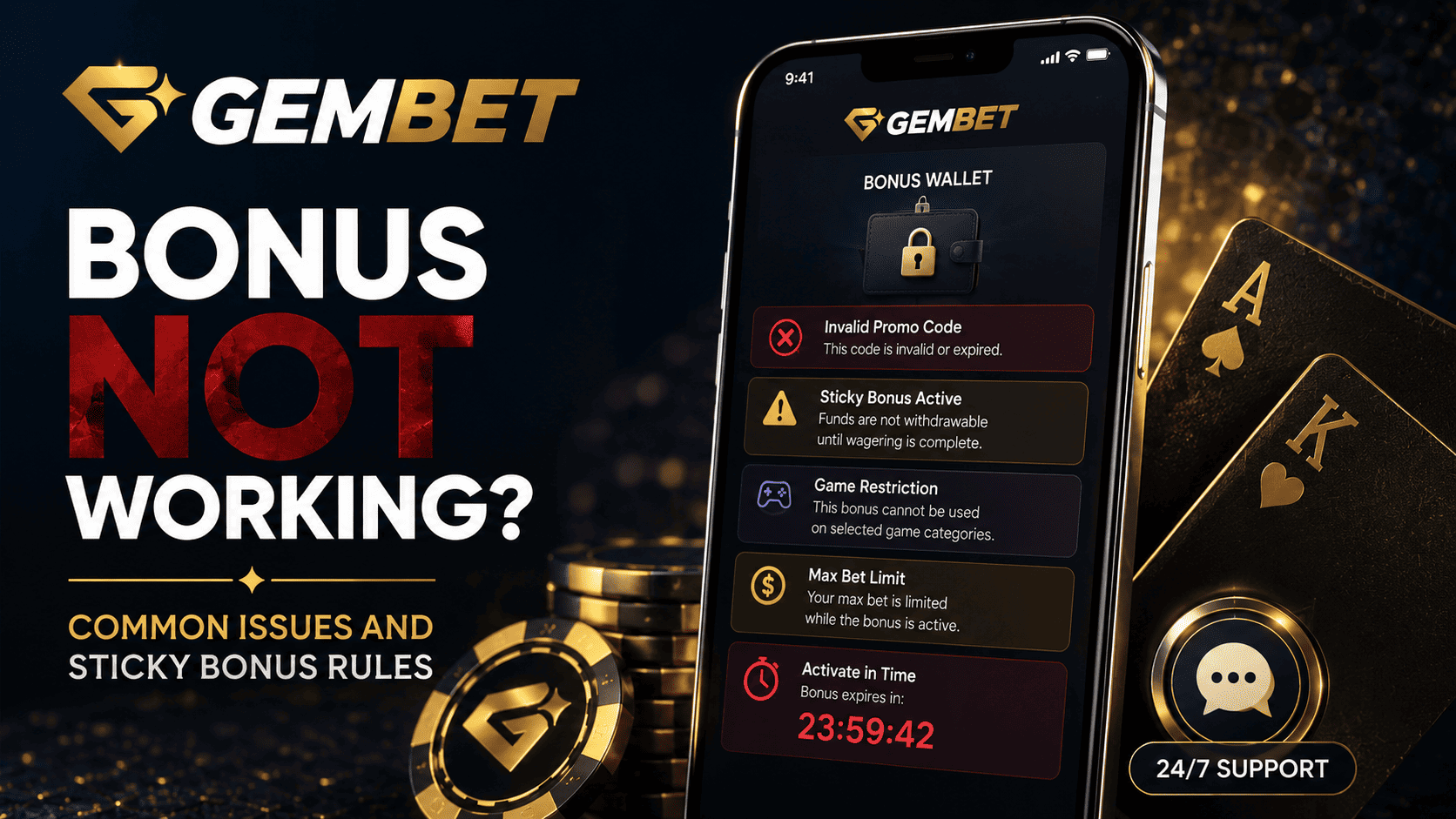 Gembet bonus not working guide explaining sticky bonus rules locked funds category restrictions and activation issues