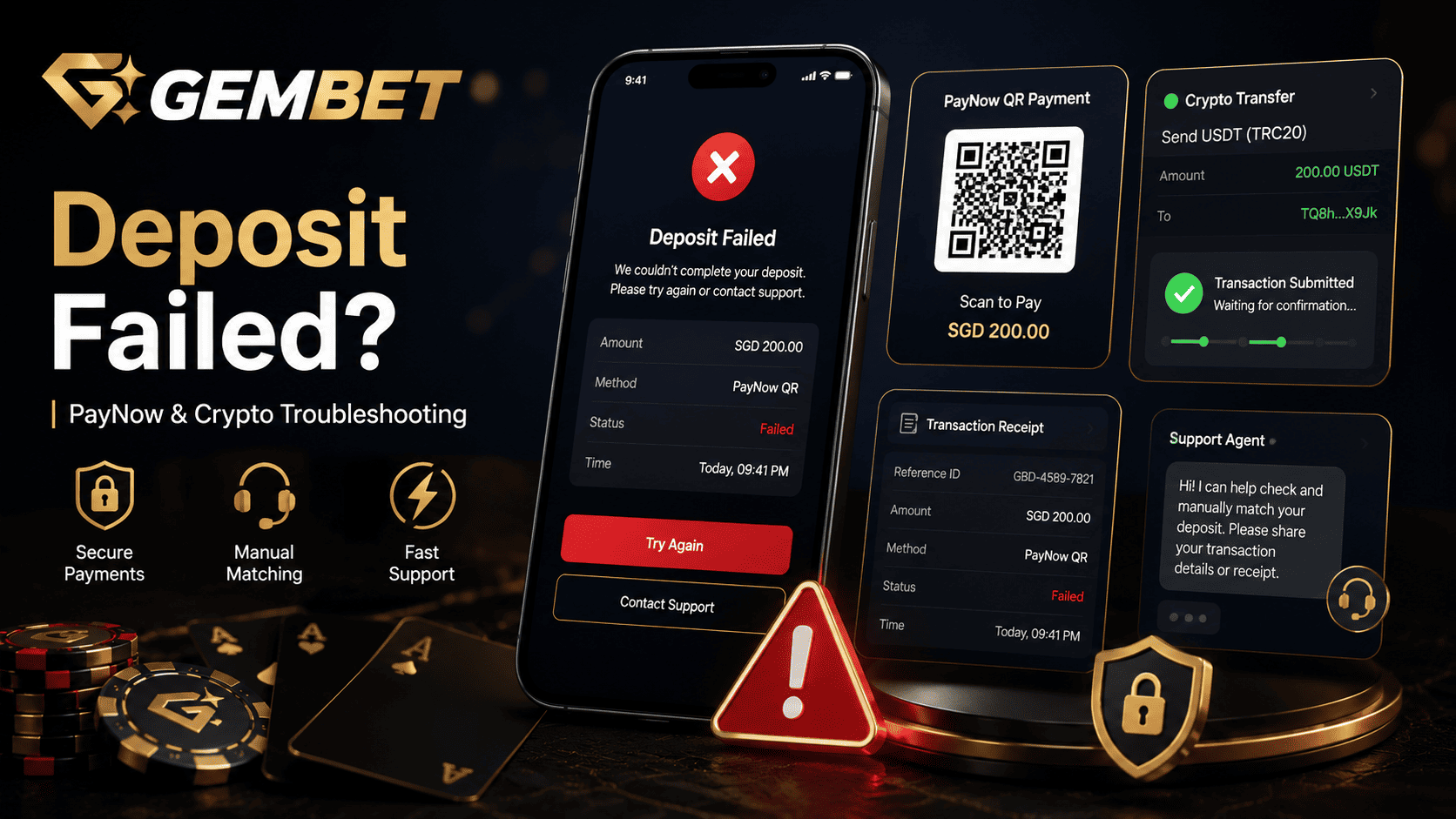 Gembet deposit failed guide for PayNow crypto deposits QR expiry network errors and manual matching