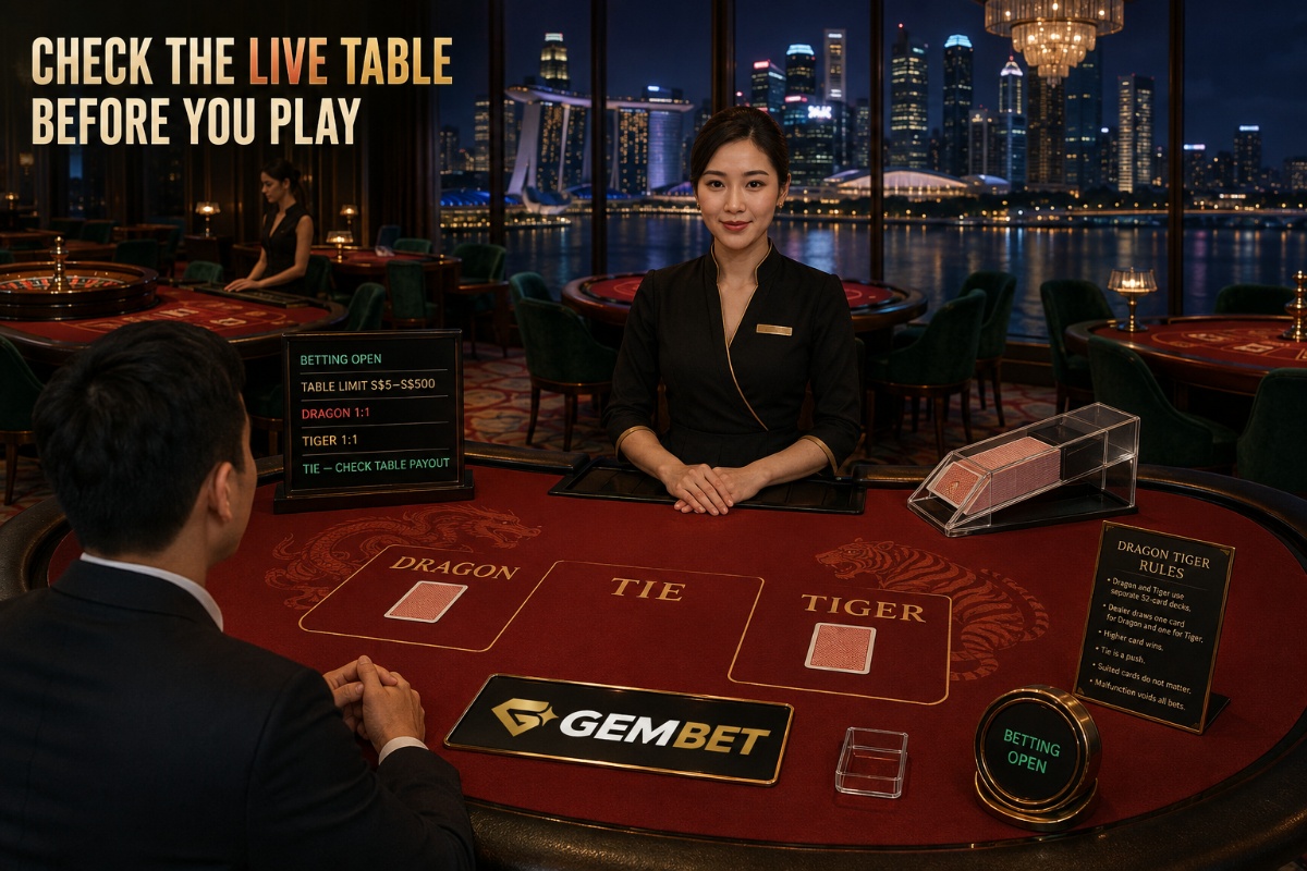 Gembet live Dragon Tiger table with dealer betting window and rules