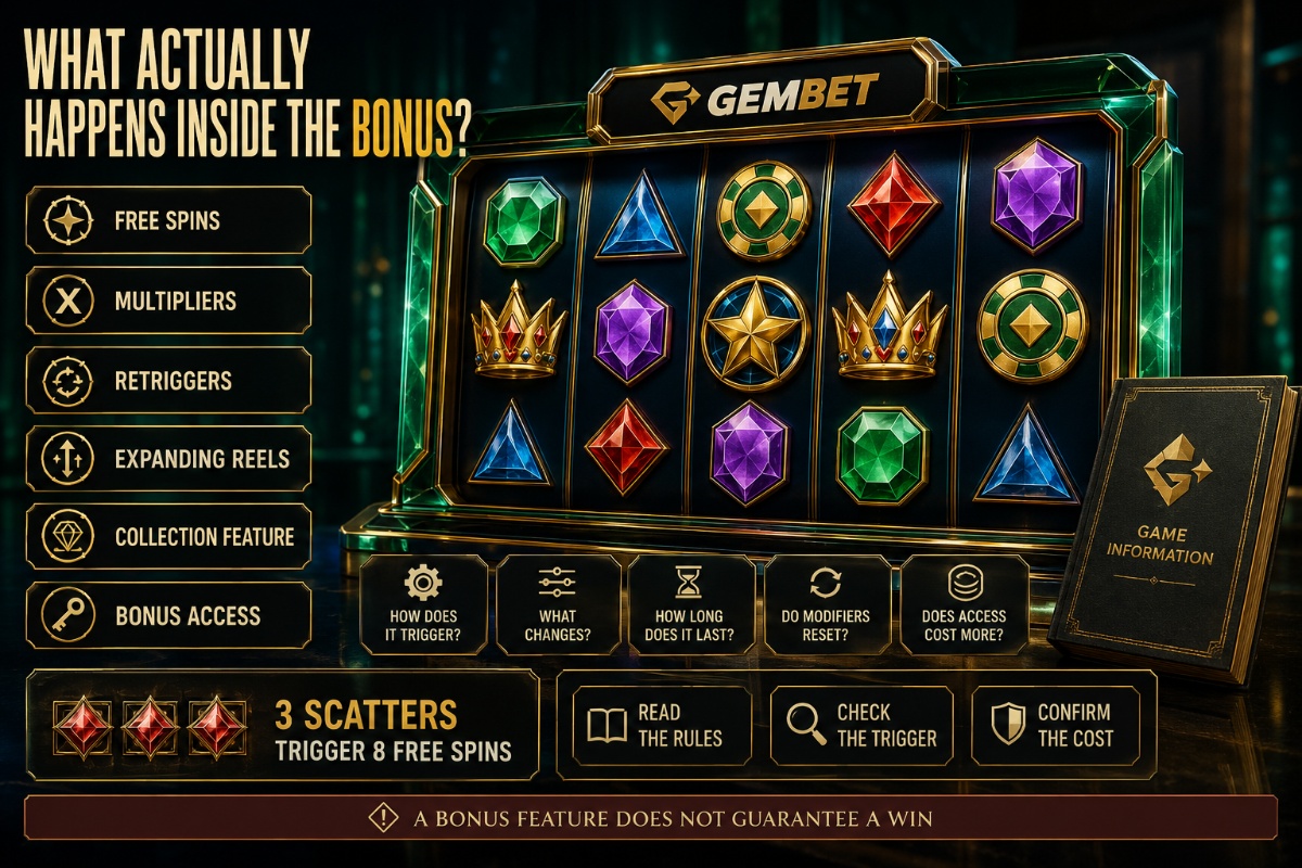 Slot bonuses on Gembet showing free spins multipliers retriggers expanding reels and bonus access