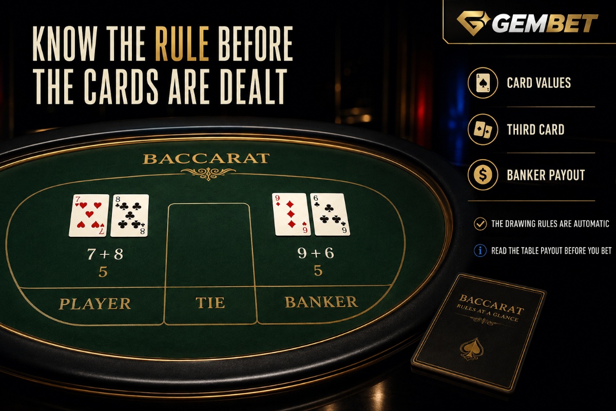 Baccarat rules on Gembet showing Player Banker Tie hand values and third card conditions