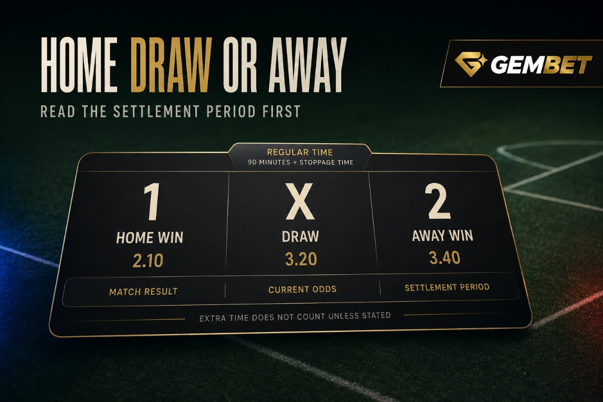 1X2 betting on Gembet showing home win draw away win and regular time settlement