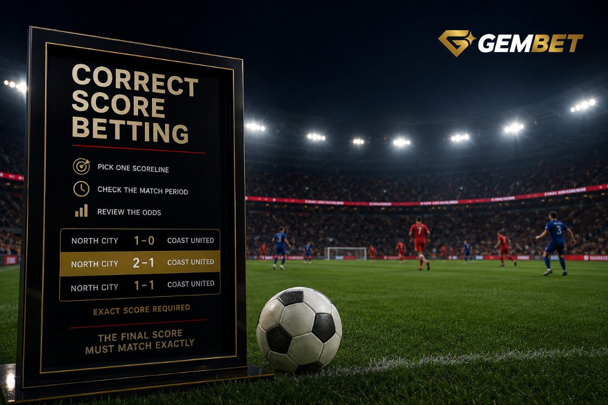Correct Score Betting guide showing fictional football scoreline predictions and exact result mechanics