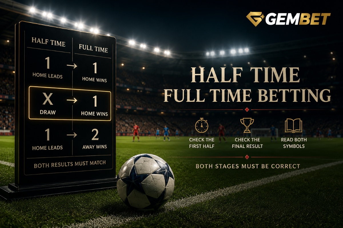 Half Time Full Time Betting guide showing fictional football half-time and full-time result combinations