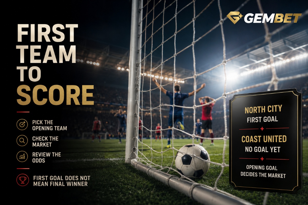 First Team to Score guide showing a fictional football opening goal and first scoring team