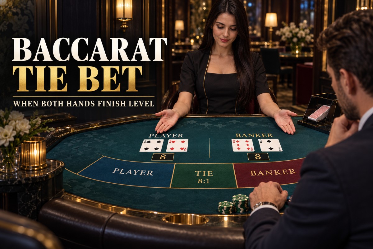 Baccarat Tie Bet guide showing Player and Banker hands finishing on the same total