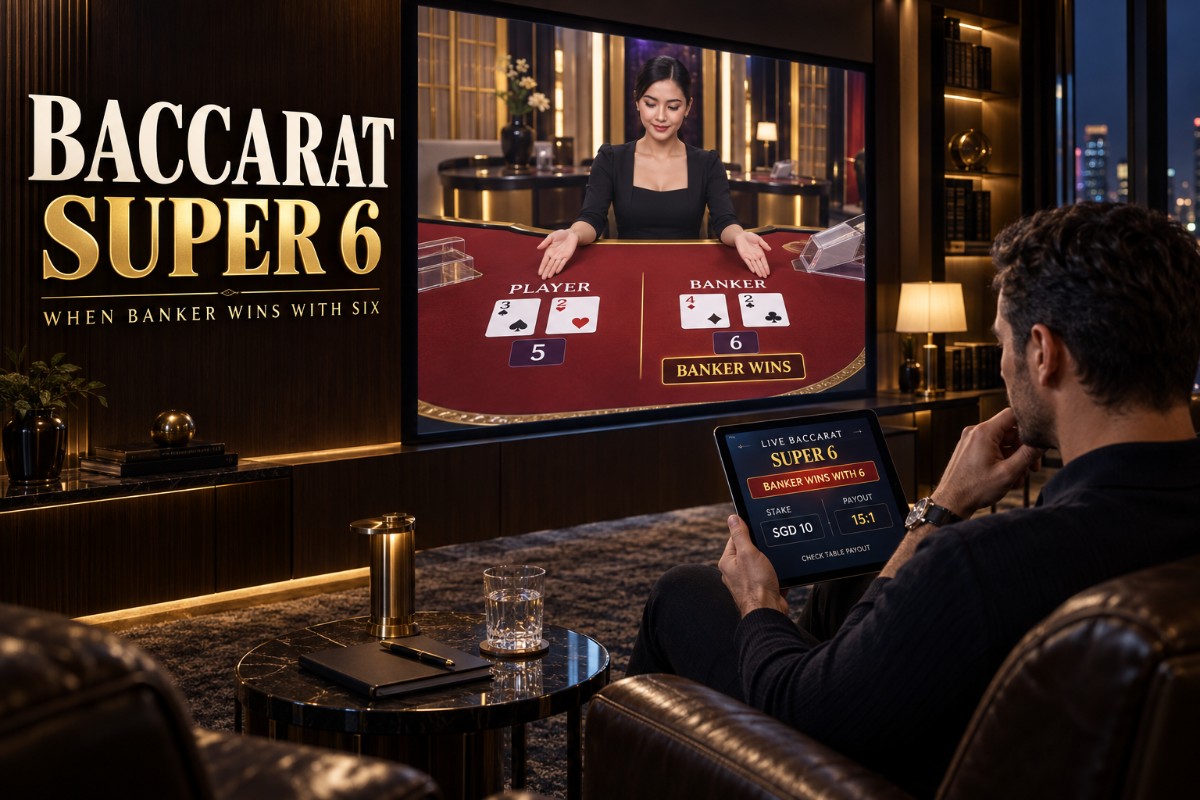 Baccarat Super 6 Bet guide showing a Banker win with a total of 6